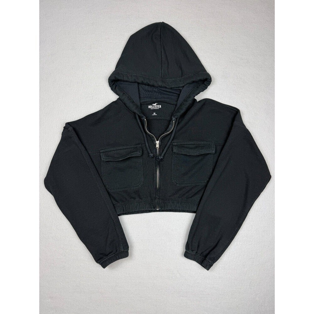 Hollister Y2K Cropped Zip Hoodie Jacket Black Utility Cargo XS Goth Emo